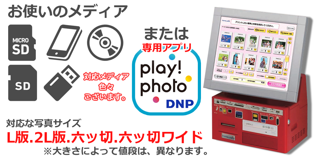 コメント 対応な写真サイズ L版、ツーエル版、むつぎり、むつぎりワイドがあり、サイズの大きさによって値段は、異なります