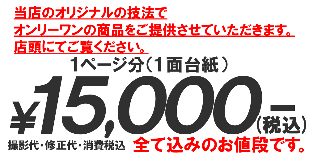 コメント 一ページ分 一面台紙 一万五千円で撮影代、修正、消費税すべて込み